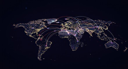 Digital World Map with Connecting Data Lines in Night Sky