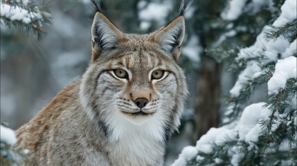 Obraz premium Wary lynx in snowy forest