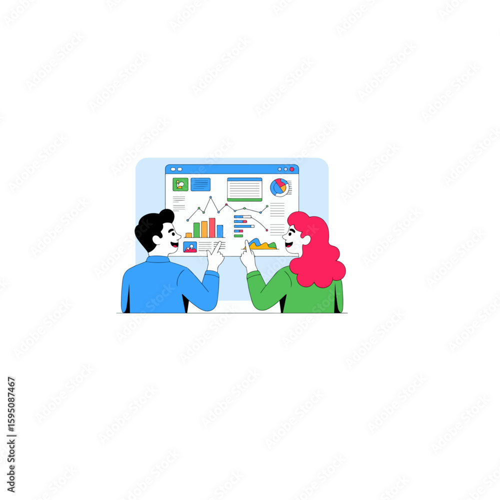 Poster two people analyzing a graph on a computer screen with bar and line charts