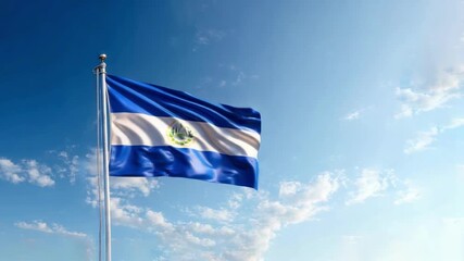The flag of El Salvador waves against a clear blue sky, symbolizing pride and patriotism on Independence Day.