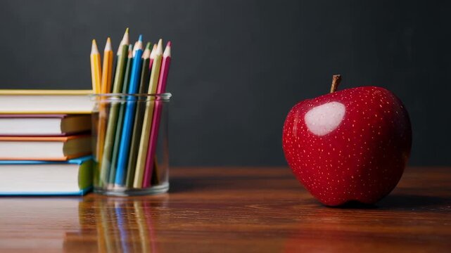 Shiny red apple and colored pencils in glass jar on wooden school desk with stack of books and blackboard in background, perfect for educational or back to school themed projects