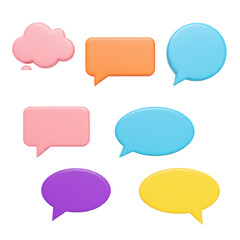 Five distinct, brightly colored communication bubbles (pink thought, orange rectangular, blue circular, purple oval, yellow curved speech) on a transparent background with copy space, subtle