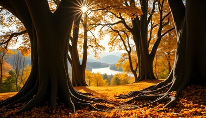 Fototapeta premium Autumnal forest scene with golden leaves, sunlight, and a tranquil lake vista.