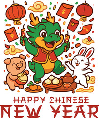 Happy Chinese New Year Joyful Green Dragon Celebrating Lunar Festival with Bright Smile and Festive Cheer