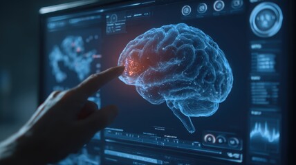 ai healing precision. Interactive display showing a brain model with data visualization and touch interaction.