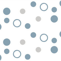 Minimalist seamless pattern with randomly scattered blue and grey solid and outline circles on a clean white background, creating a light and airy feel.