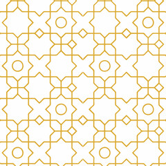 Elegant seamless geometric pattern with golden lines forming stars, squares, and circles on a white background, ideal for Islamic or modern designs.