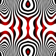 Striking abstract seamless pattern with bold black and white optical lines distorted by vibrant red glowing forms, creating a psychedelic effect.