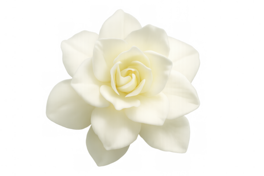Pristine white gardenia blossom revealing soft, layered petals with intricate details against clean, transparent setting