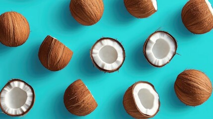 Repetitive pattern of coconuts on bright blue background, minimalistic flat lay style.