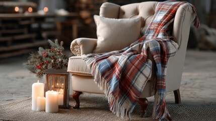 A cozy chair with a red, white, and blue blanket draped over it