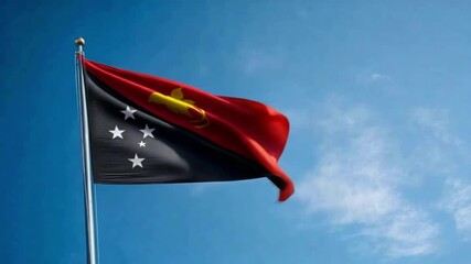 A colorful flag of Papua New Guinea proudly displays its unique design while flapping in the breeze during independence day celebrations.