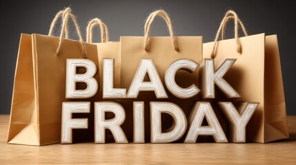 A sign for Black Friday is displayed on a table with three brown shopping bags