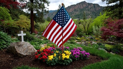 American Flag Memorial Garden with Cross and Flowers