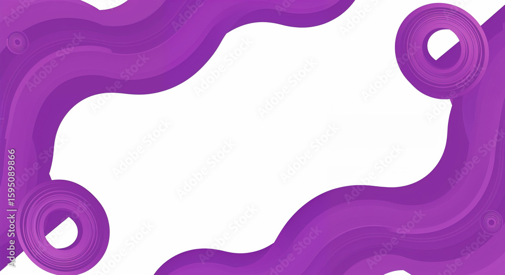 Poster abstract purple waves and circular shapes create a modern design on a white background.