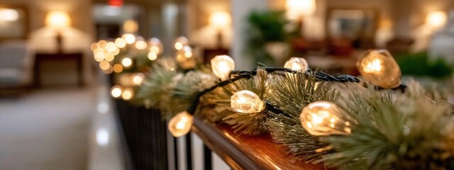 A Christmas tree with lights on it is hanging from a railing