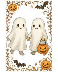 Obraz premium Cute Halloween ghost friends holding hands with pumpkin candy bucket, framed by spooky vines, bats, and jack-o'-lanterns illustration,