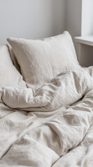 Soft beige linen bedding with pillows and cozy blanket natural