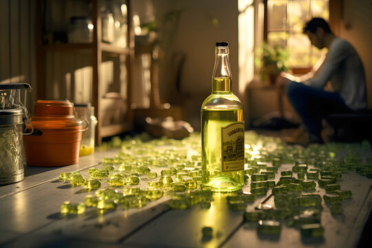 Mood of a cozy room with green glass bottle in focus and a man reading quietly in the background during afternoon light