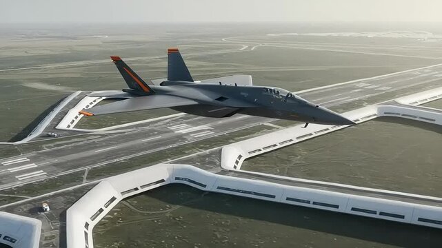 Futuristic airbase with jet aircraft in flight
