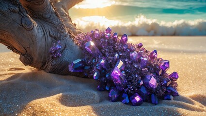 Amethyst Crystal Cluster on Sandy Beach near Ocean at Sunrise