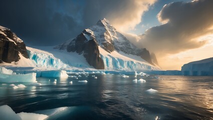 Exploring Antarctic Landscape with Icebergs and Mountains under Cloudy Skies