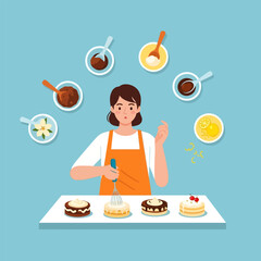 Woman Baking Cakes with Whisk and Ingredients on Blue Background