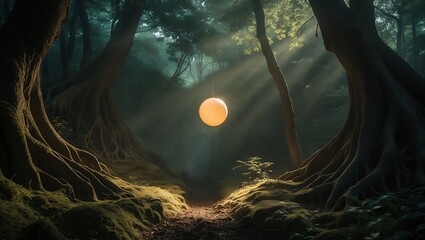 Glowing Orb Hanging in Foggy Forest with Sun Rays Streaming Through