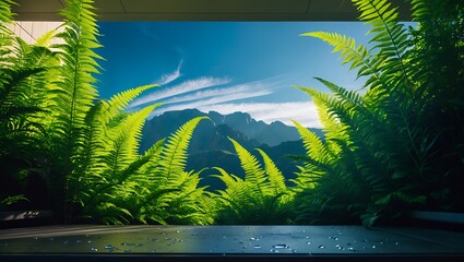 Viewing Mountains through Ferns and a Window on a Sunny Day