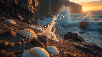 Seashells and Wave Splashing on Sandy Beach at Golden Sunset