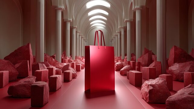 A red shopping bag is placed in a room with red walls and red objects