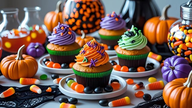 Table set with Halloween-themed cupcakes, candy, and drinks, bright and cheerful composition ready for a festive party  
