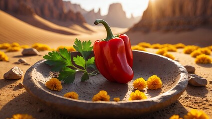 Red Bell Pepper Still Life with Parsley and Yellow Flowers