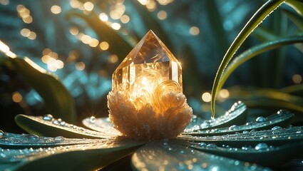 Glowing Crystal Point on Flower Petal with Water Droplets