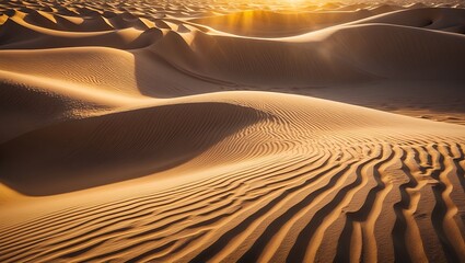 Sand Dunes Landscape with Golden Sunlight Shining Over the Horizon
