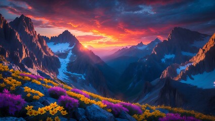 Mountain Peaks Landscape at Sunset with Blooming Wildflowers and Snow