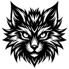Tribal Cat Head Vector – Fierce Symmetrical Feline Illustration in Black and White