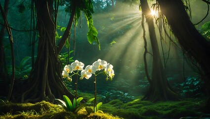 White Orchid Blooms in Enchanted Forest with Sunbeams and Lush Greenery
