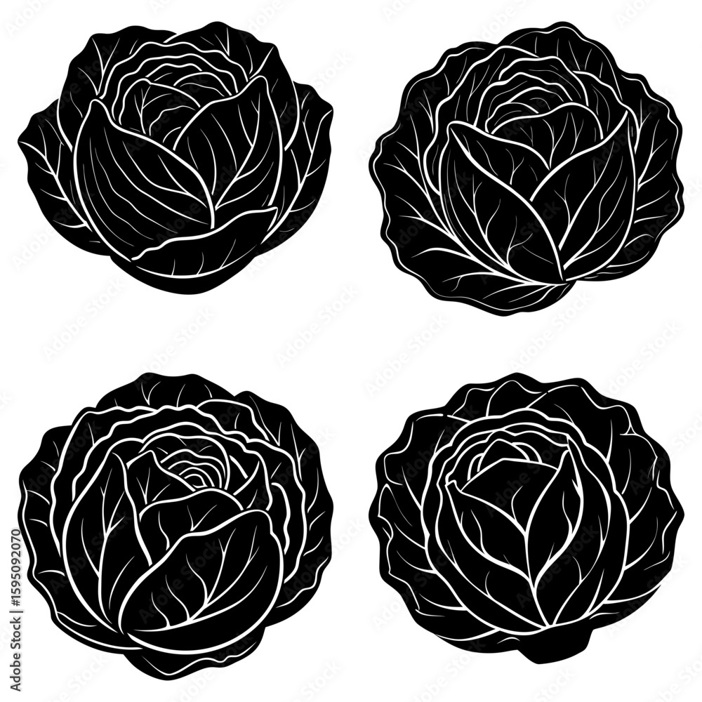 Poster four black and white cabbage heads with detailed leaf structure arranged in a square pattern design
