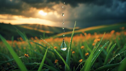 Dropping Water Reflects Sunset Meadow Scene in a Natural Green Field