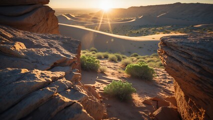 Desert Landscape with Sand Dunes Rocks and Morning Sun View