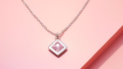 A clean modern silver necklace with a small kite-shaped diamond pendant floating against a baby pink backdrop, detailed chain curve and light glinting, full-frame layout.