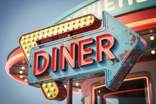 Vintage Diner Sign Illuminated with Retro Neon Lights Inviting Guests on a Nostalgic Evening