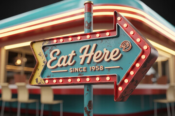 Vintage Diner Signpointing to Cozy Eatery with Neon Lights and Retro Ambiance