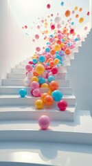 A stream of colorful glossy spheres rolling and falling down the steps of a white modern staircase