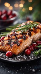 Savory grilled salmon with cranberries and rosemary on a dark plate set for a festive meal