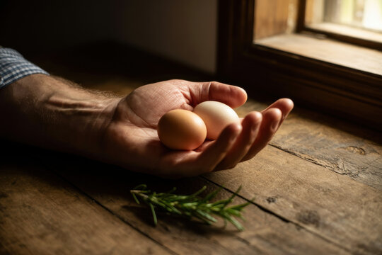 Rustic Kitchen Scene with Fresh Brown and White Eggs Held in Hand by Natural Light