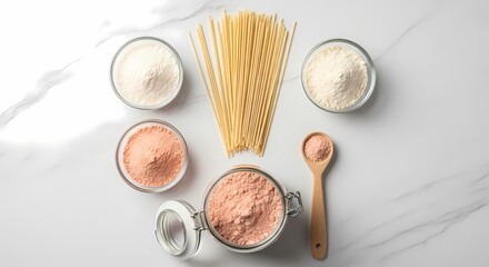 Pasta ingredients flour and spices on marble background