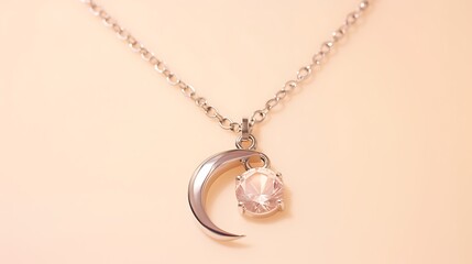 A fine floating silver necklace with a crescent diamond pendant isolated on a pastel apricot solid background, luxurious feel with reflective chain glinting, full-frame layout.
