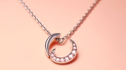 A fine floating silver necklace with a crescent diamond pendant isolated on a pastel apricot solid background, luxurious feel with reflective chain glinting, full-frame layout.